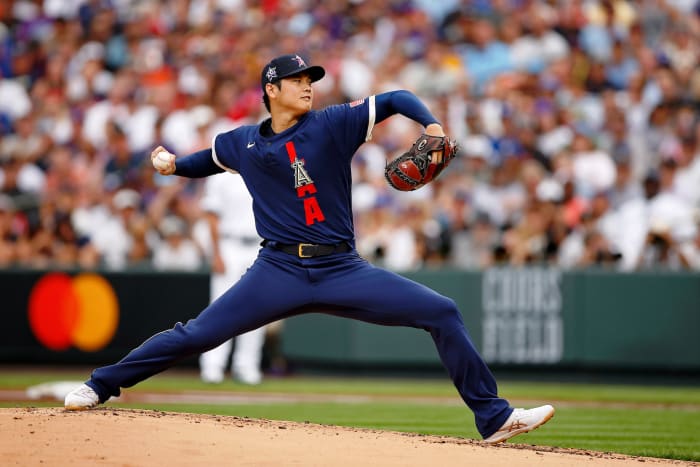 Shohei Ohtani in the all-blue American League All-Star uniform